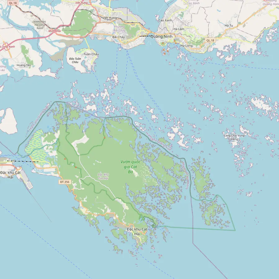 Map of Ha Long Bay south of Tuan Chau with Ti Top Island, Luon, Sung Sot and Trinh Nu caves, and Cat Ba Island with Quan Y Cave