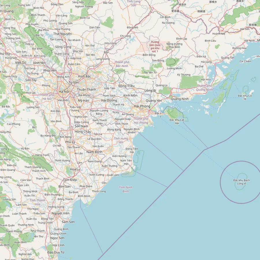 Map of northern Vietnam from Hanoi and Ninh Binh east to Tuan Chau Marina, Ha Long Bay, Lan Ha Bay and Bai Tu Long Bay